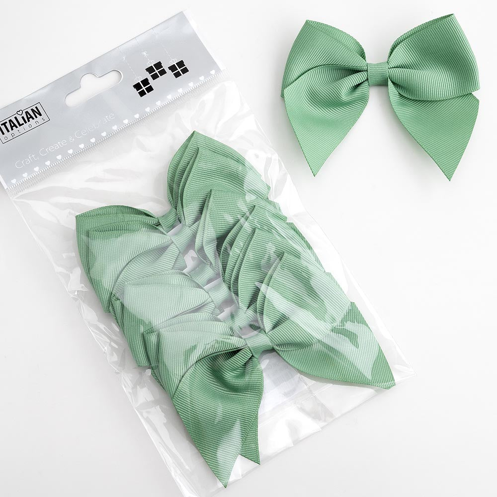Pack of six sage green 10cm self-adhesive grosgrain ribbon bows