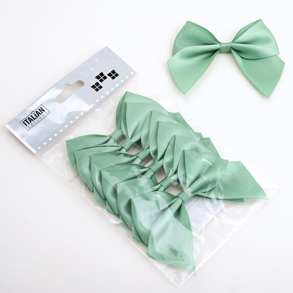 Sage green large satin gift bow shown beside its pack of six
