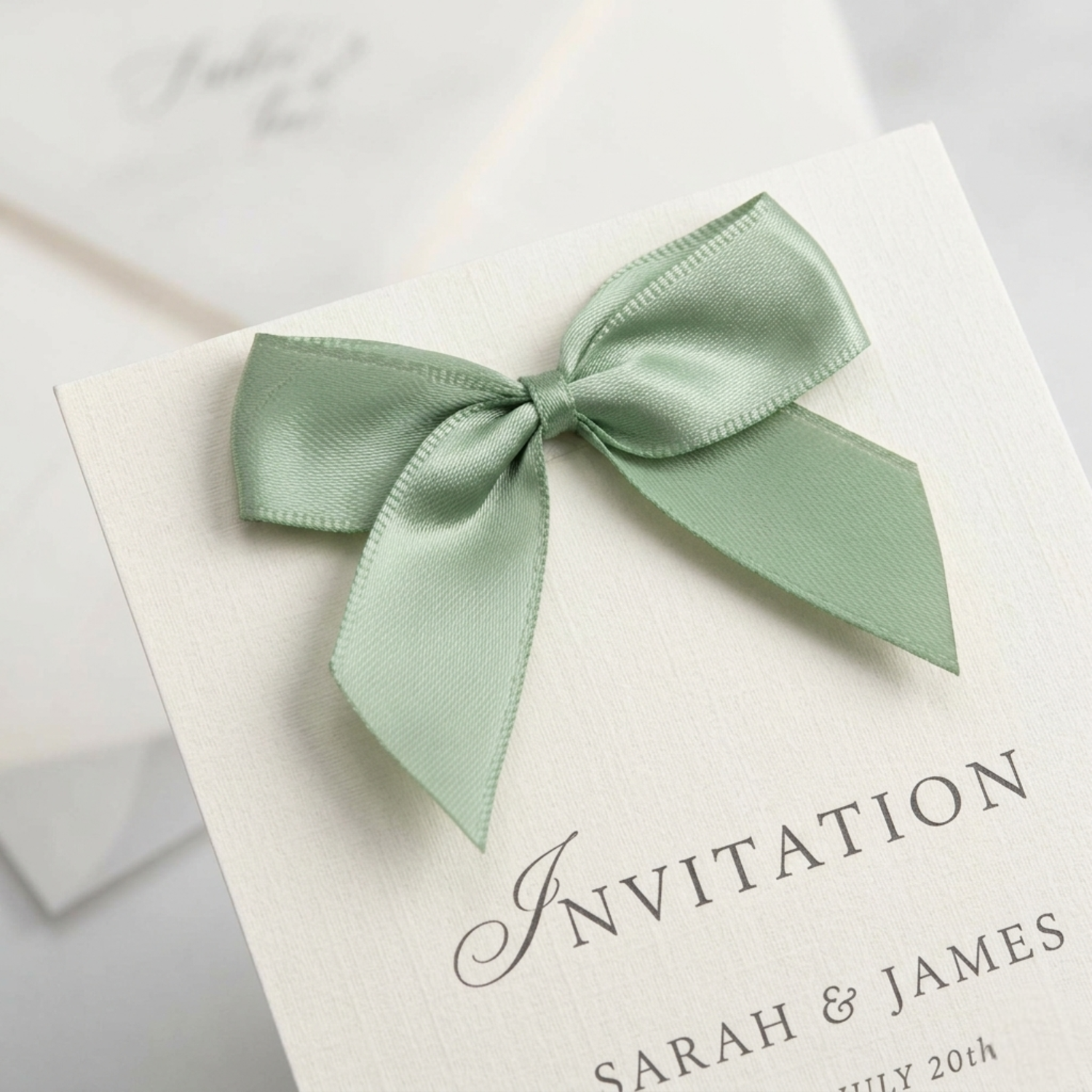 Invitation card with a green bow on a white background