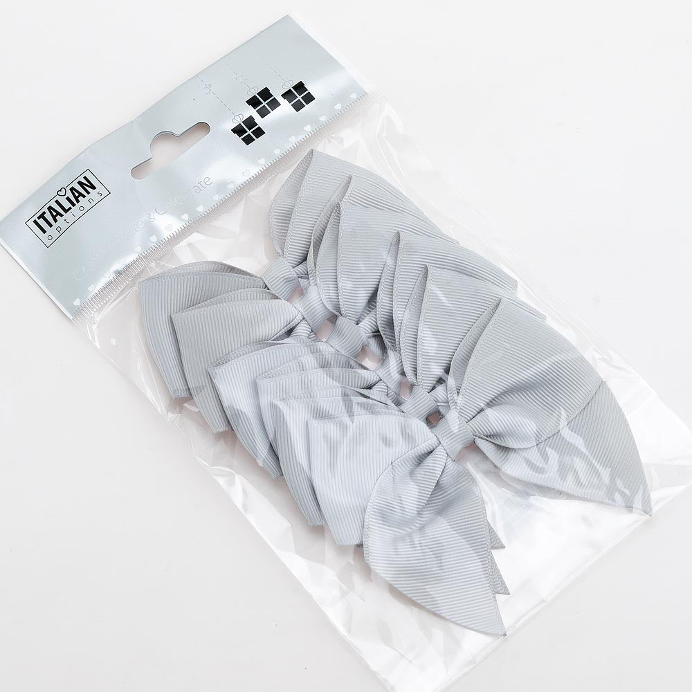 Pack of six silver 10cm self-adhesive grosgrain ribbon bows