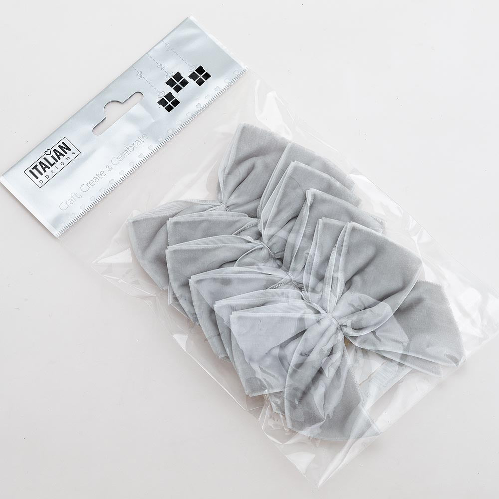 Pack of six silver 10cm self-adhesive velvet gift bows