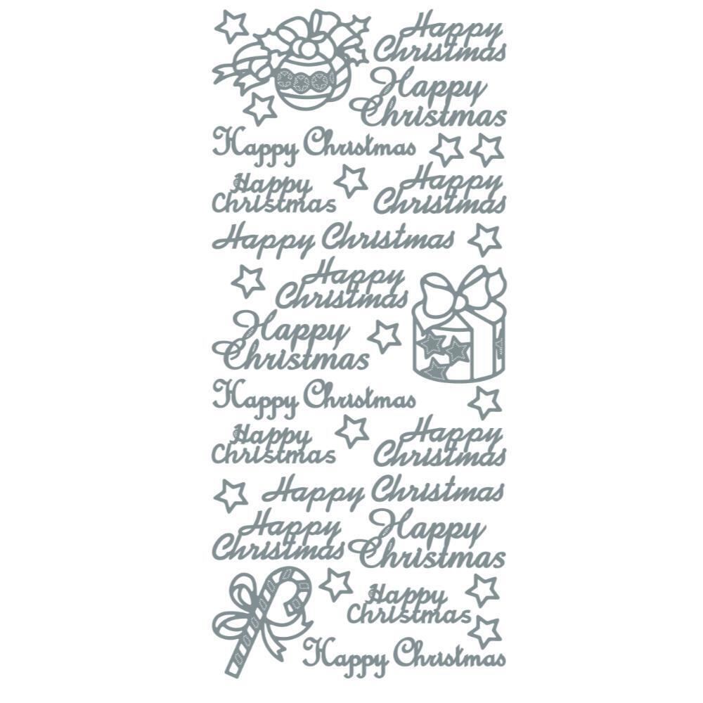 Silver sticker sheet with 16 Happy Christmas greetings, stars, bauble, gift and candy cane