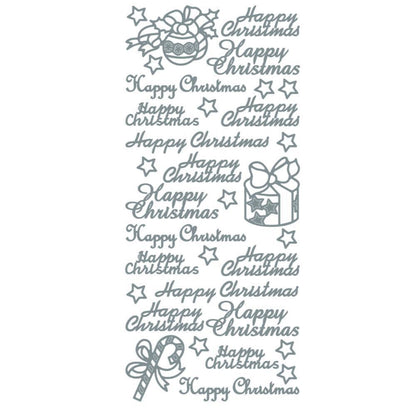 Silver sticker sheet with 16 Happy Christmas greetings, stars, bauble, gift and candy cane