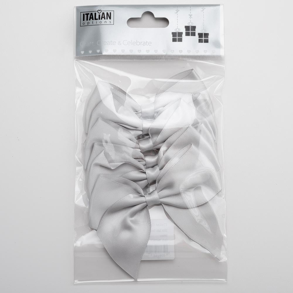 Pack of six silver 10cm self-adhesive satin gift bows