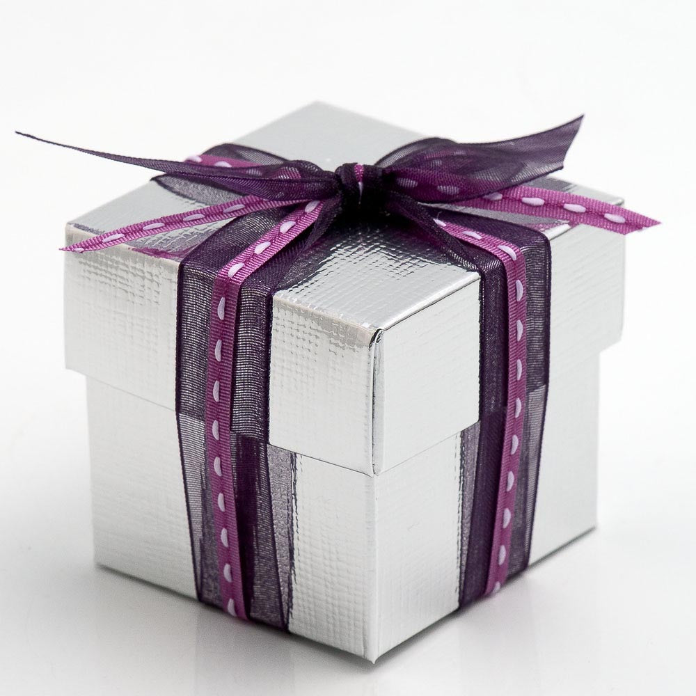 Silver silk-finish square wedding favour box with separate lid