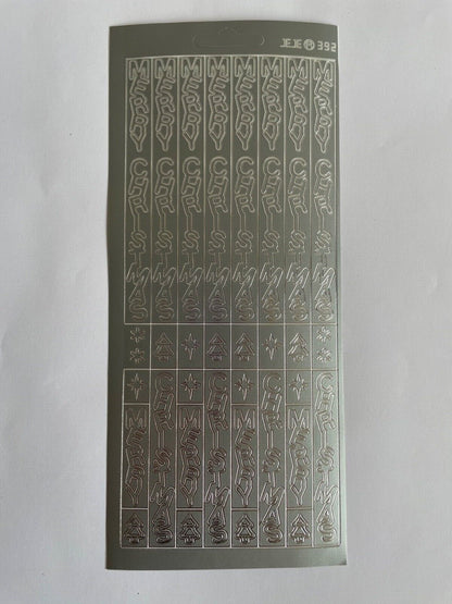 Silver vertical Merry Christmas peel off sticker sheet for handmade cards