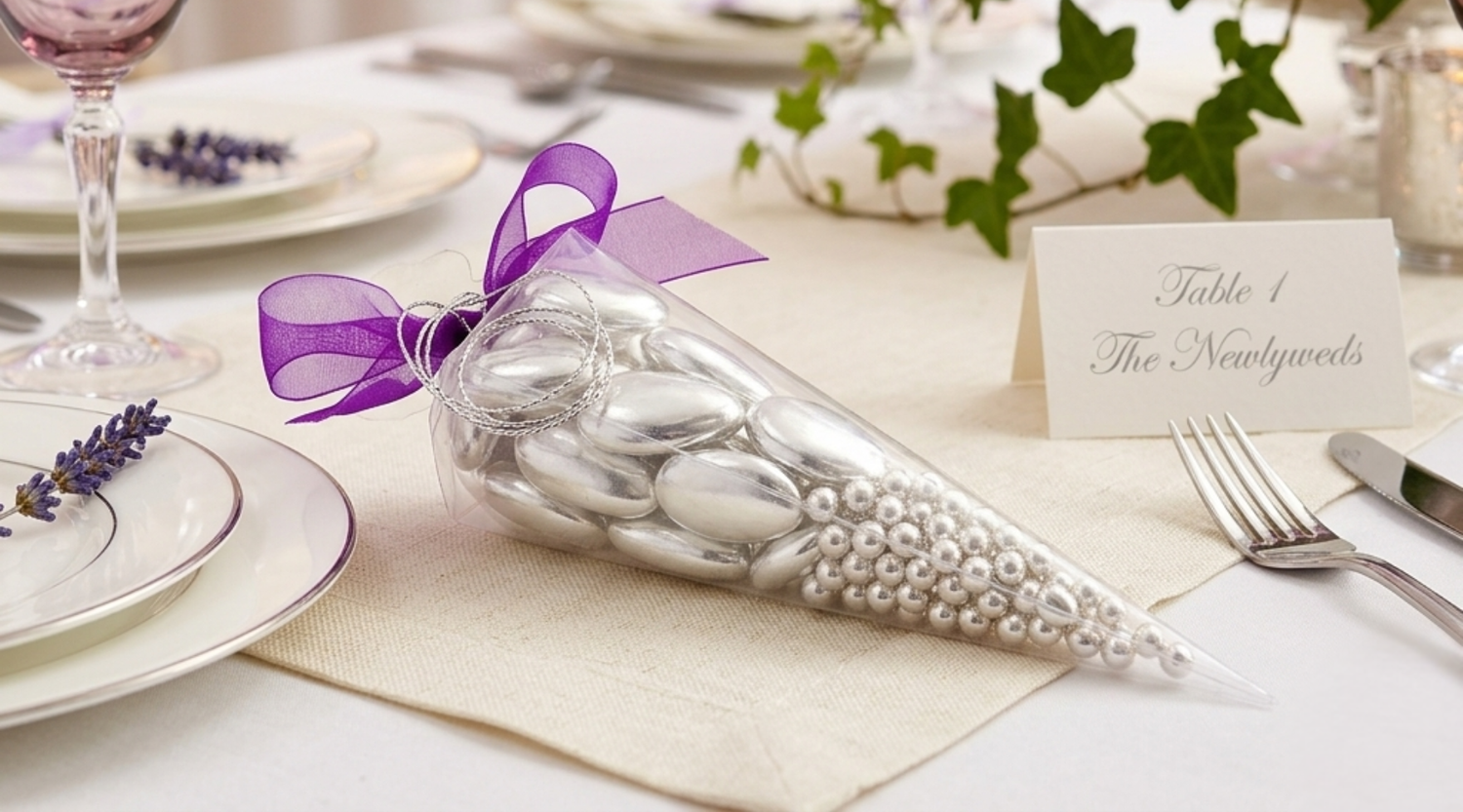 Decorative cone with silver sugared almonds on a wedding table setting with purple ribbon and place card.