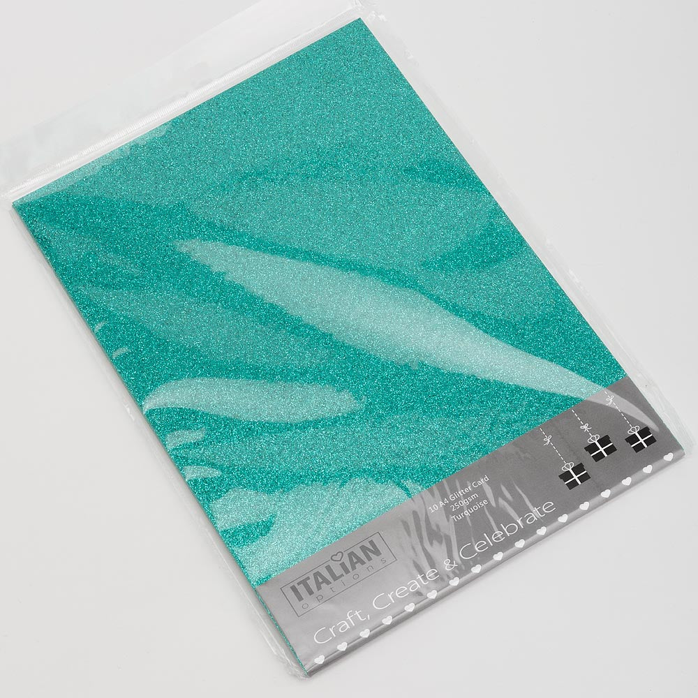 Turquoise A4 non-shed glitter card sheets for creating handmade wedding invitations and craft projects