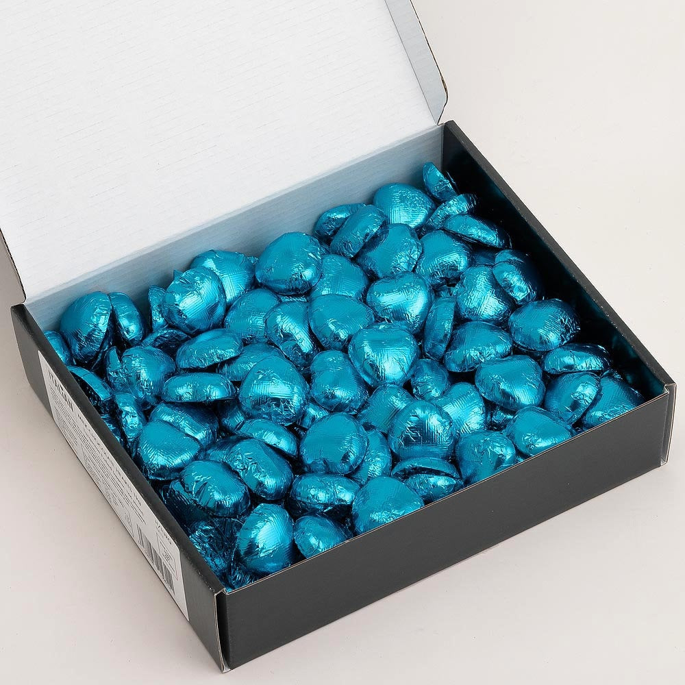 Turquoise foil heart chocolates for wedding favours and table settings