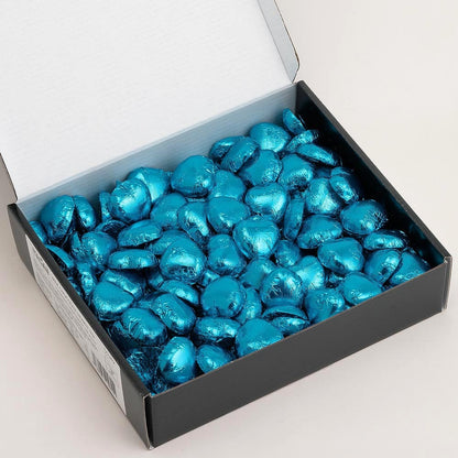 Turquoise foil heart chocolates for wedding favours and table settings