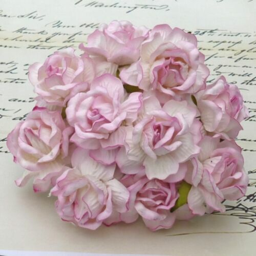 Two tone baby pink 40mm mulberry paper wild rose flowers with flexible wire stems