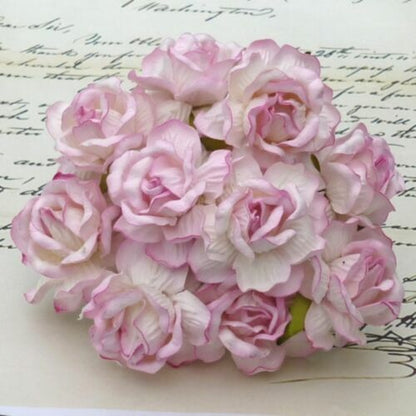 Two tone baby pink 40mm mulberry paper wild rose flowers with flexible wire stems