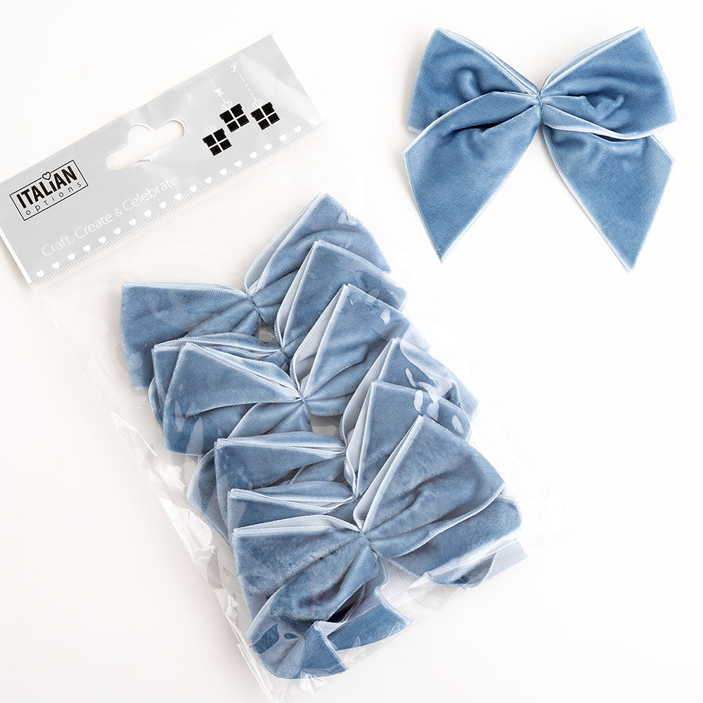 Pack of six vintage blue 10cm self-adhesive velvet gift bows