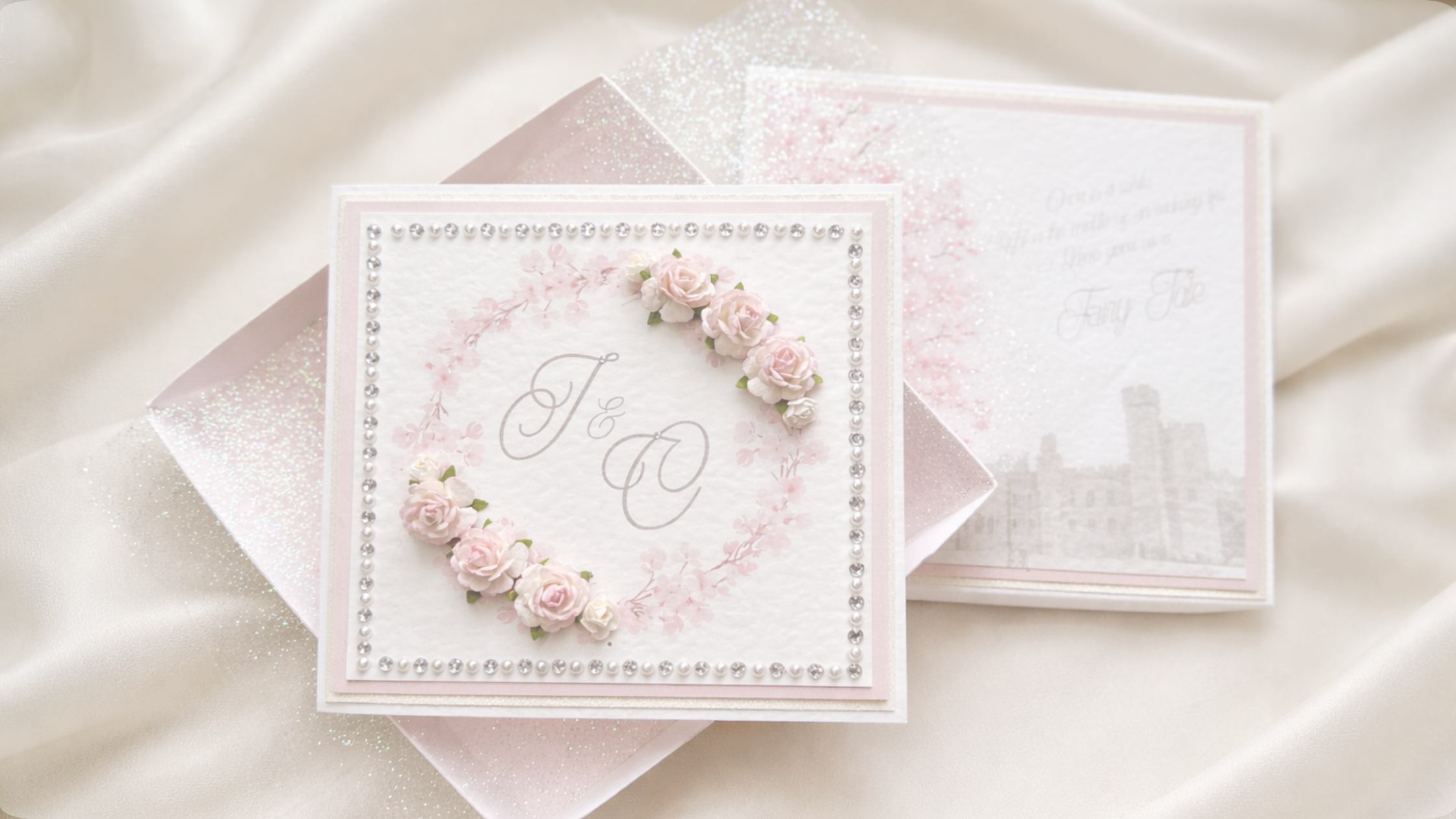 Decorative boxed wedding invitation card with floral design and monogram on a soft white fabric background with image of Peckforton Castle