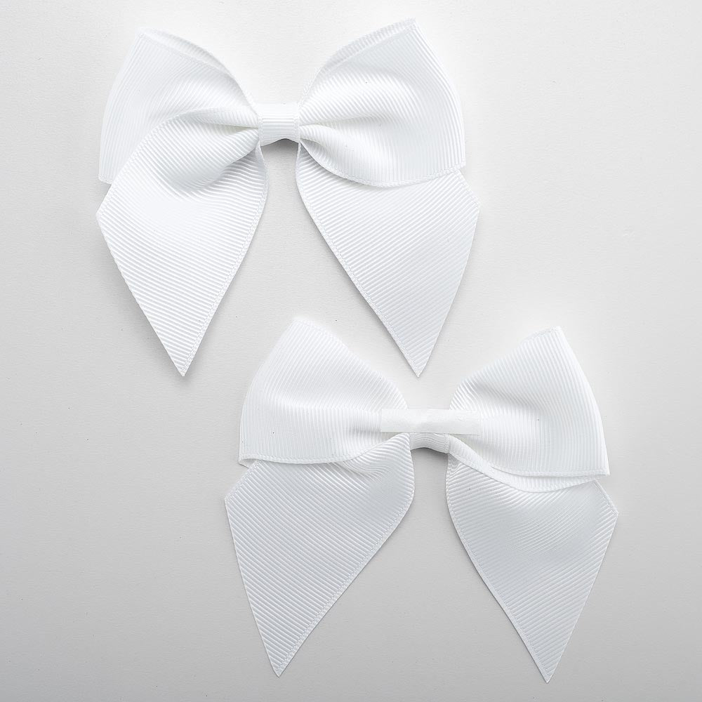 Front and back of white 10cm grosgrain bow showing the self-adhesive strip