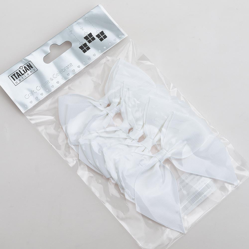 Pack of six white 10cm self-adhesive grosgrain ribbon bows