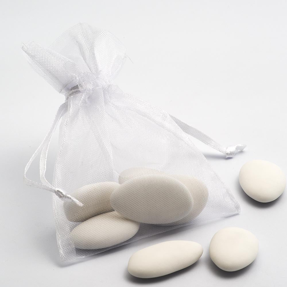 White organza wedding favour bag filled with sweets