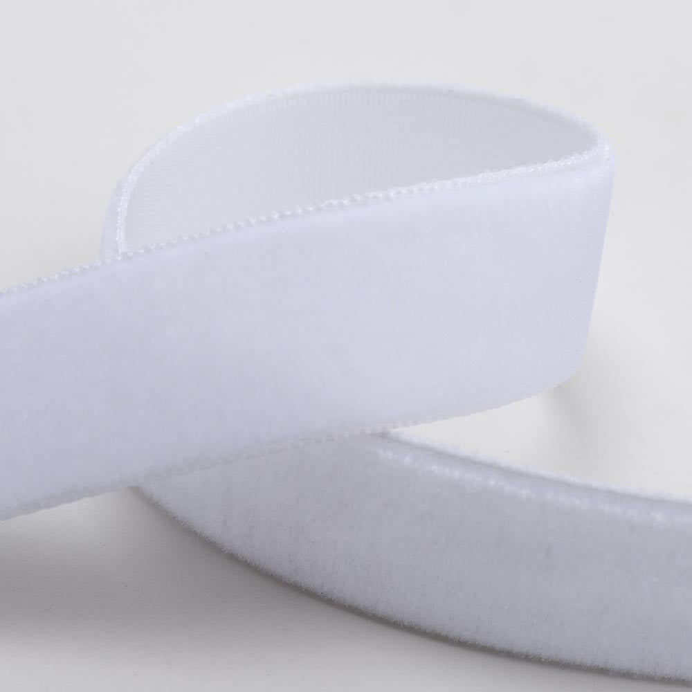 White single-face velvet ribbon in 9mm, 16mm and 25mm widths