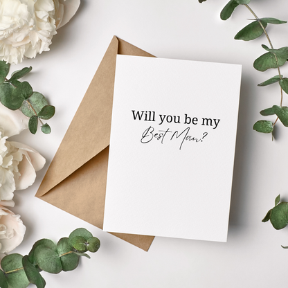 Best Man Proposal Card with 'Will you be my Best Man?' text on a white background with flowers and leaves.