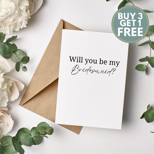 Will you be my bridesmaid card with buy three get one free offer