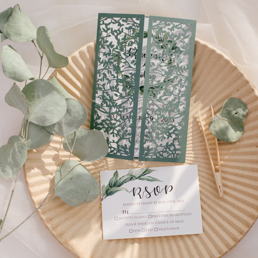 Botanical leaf pattern green gatefold wedding invitation