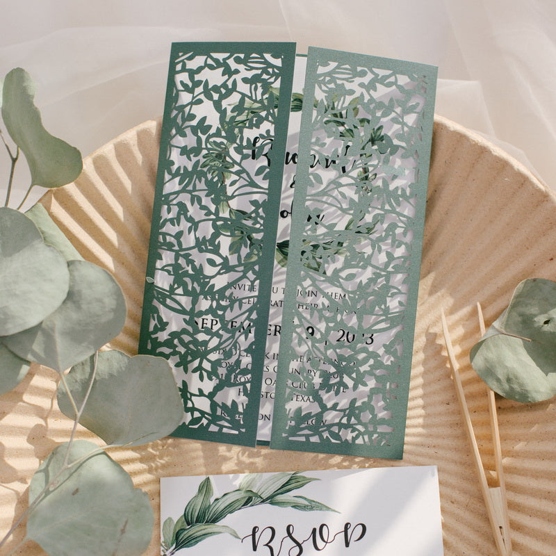 Botanical green laser cut leaf design wedding invitation for natural theme wedding