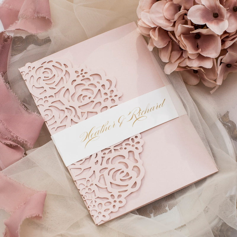 Blush pink Tri-fold pocket wedding invitation with laser cut rose pattern design