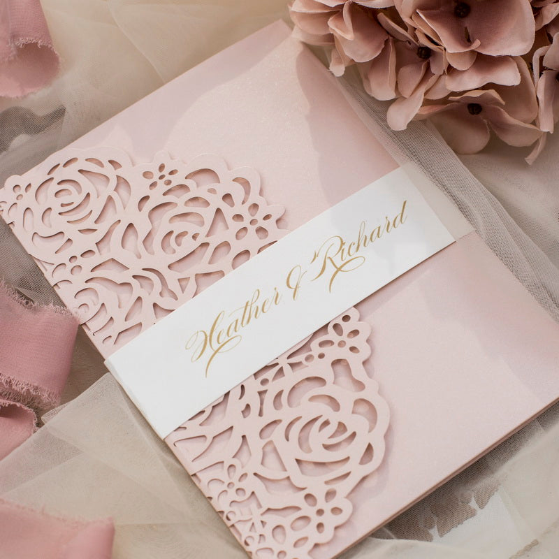 Laser cut tri-fold wedding invitation with pocket inside