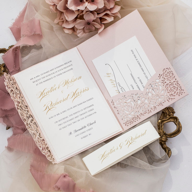 Blush pink laser cut rose tri fold pocket wedding invite
