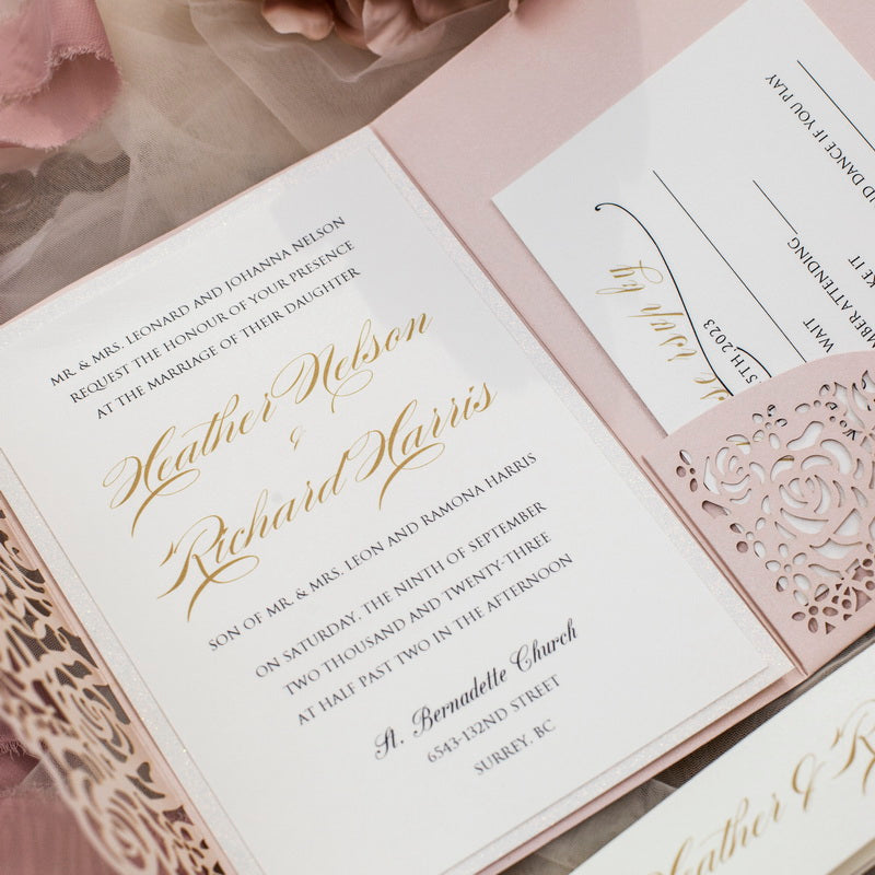 pocket wedding invite with rose laser cut pattern and printed belly band