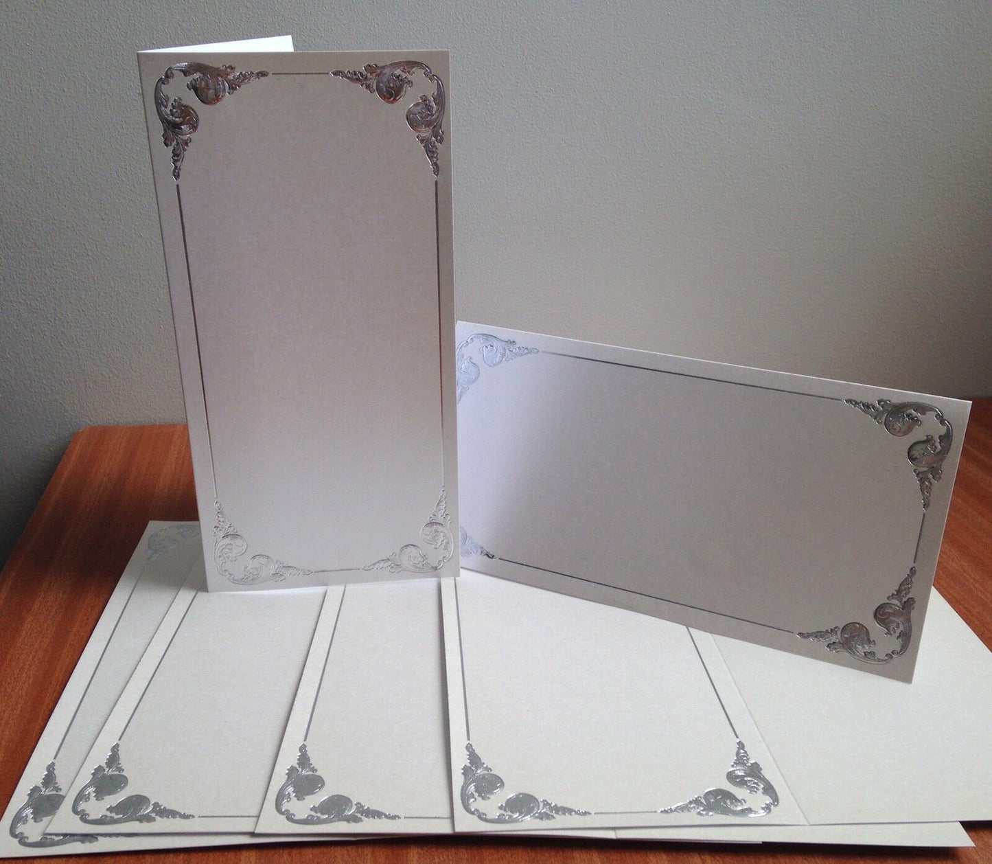 10 DL Pearl Card Blanks White Envelopes Silver Swirl Wedding Menu Invites Craft