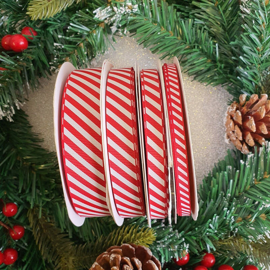 Red Christmas Grosgrain Ribbon With White Candy Cane Pattern 22mm 16mm 9mm 6mm