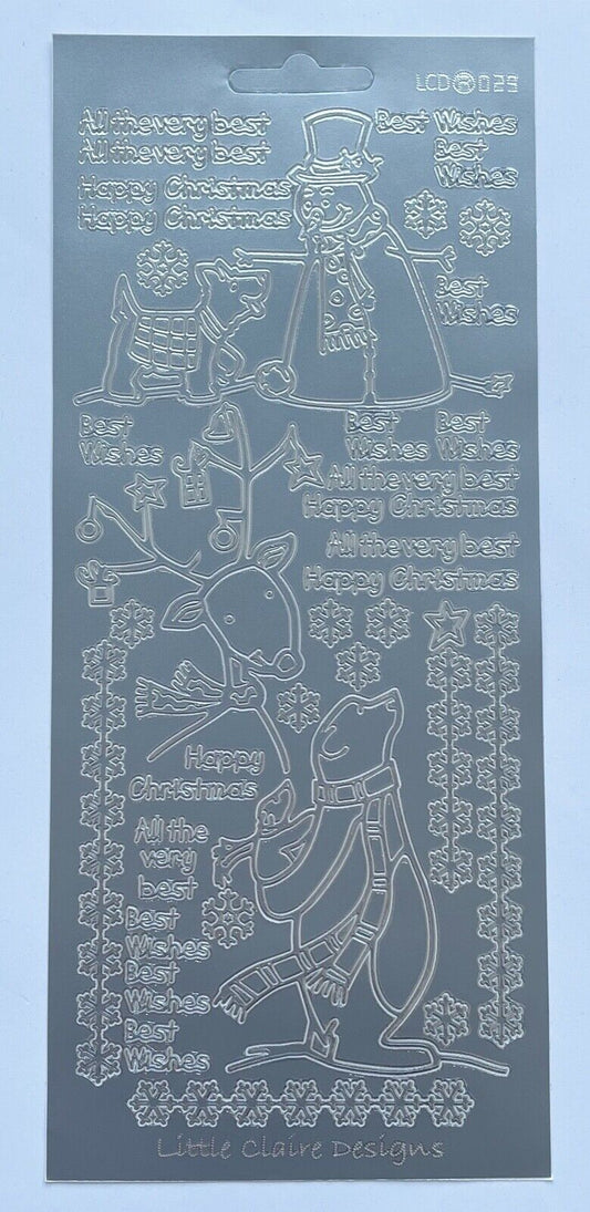 Modern Christmas Peel Off Sticker Sheet Snowman Reindeer Snowflakes & Greetings