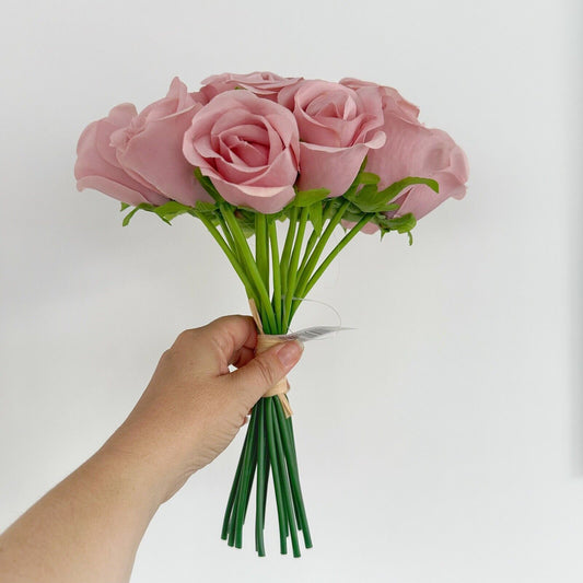 Dusky Pink Artificial Rose Bud Bunch Fake Flowers Wedding Bouquet 18 Stems 30cm