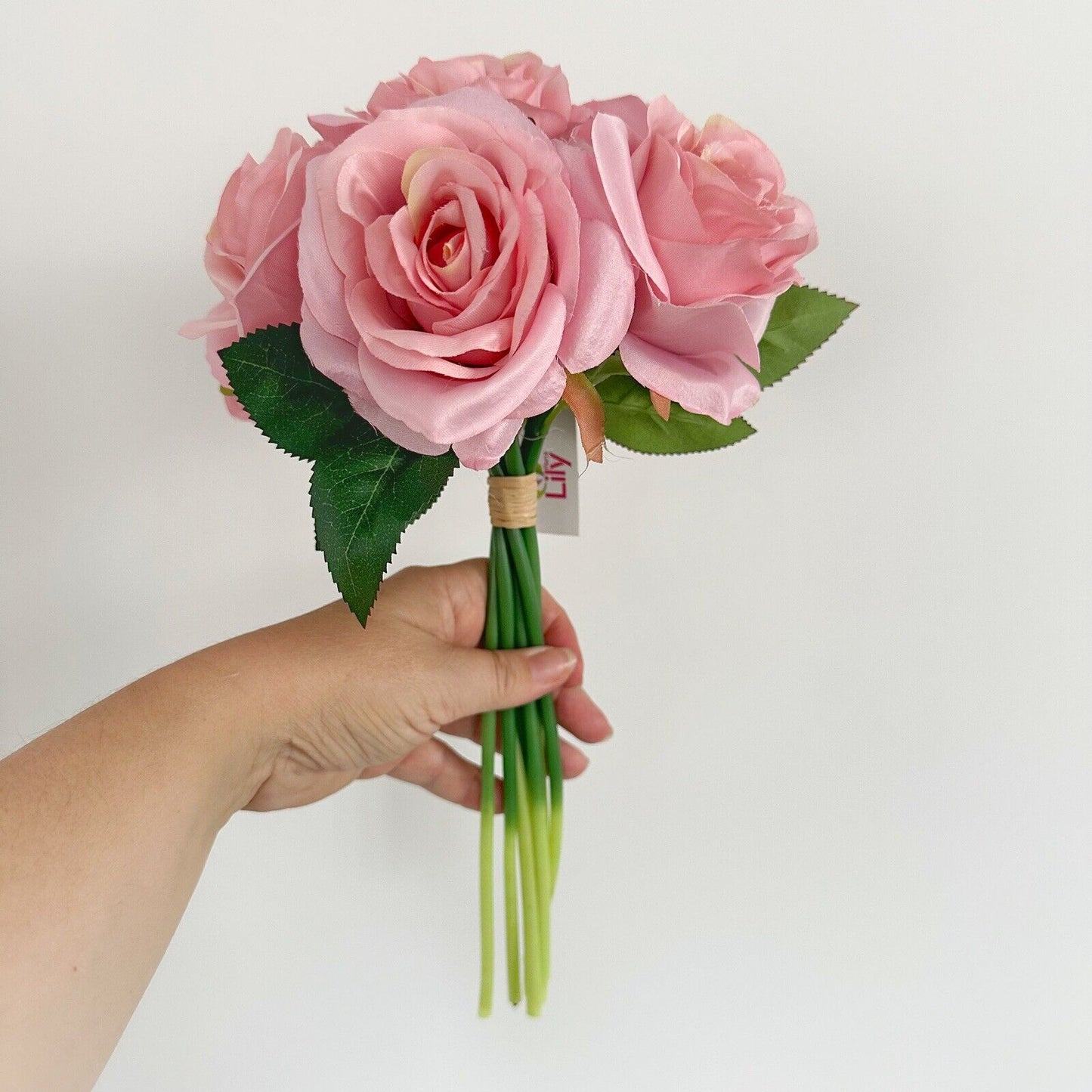 Dusky Pink Roses Artificial Bunch Fake Flowers Wedding Bouquet 7 Stems 25cm Open