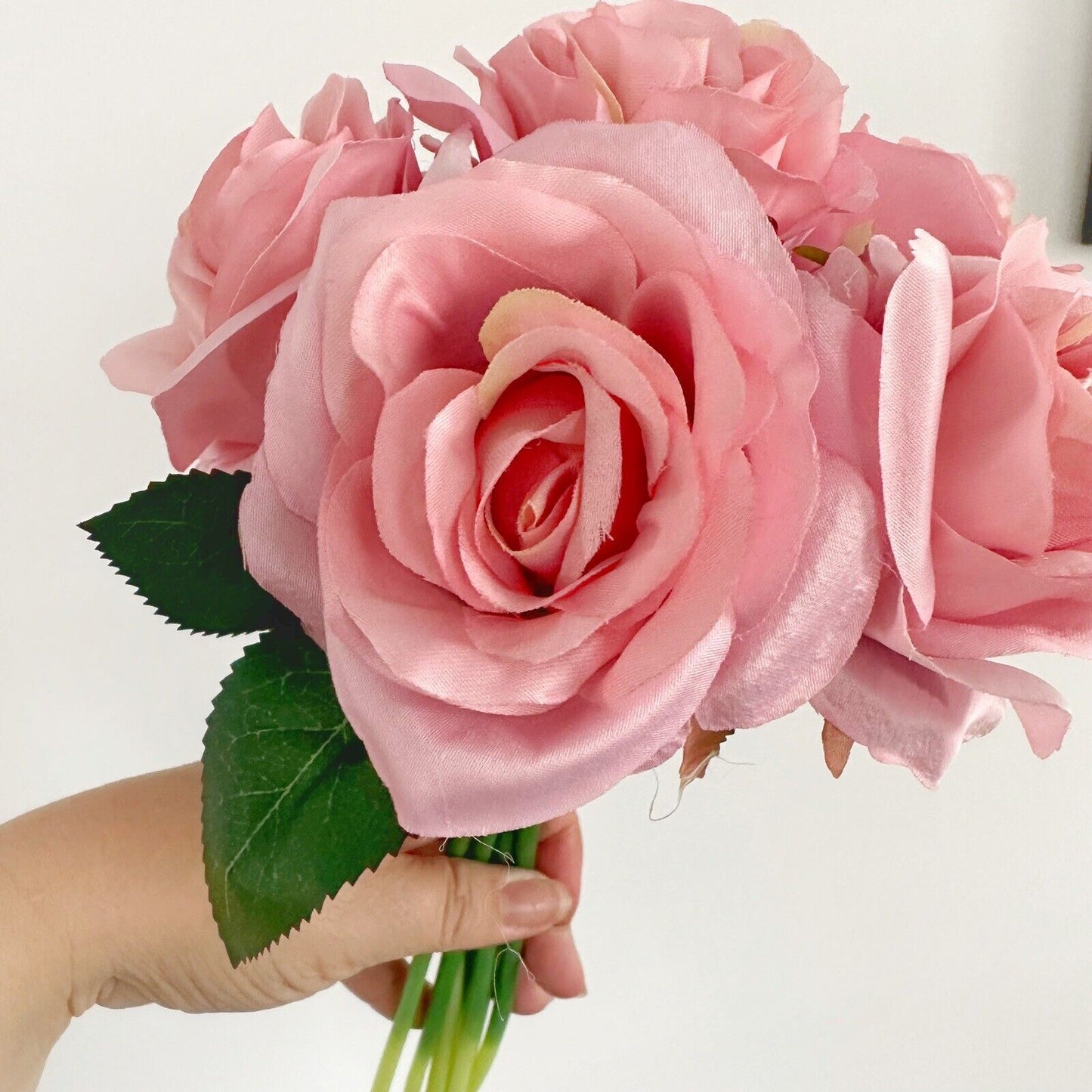 Dusky Pink Roses Artificial Bunch Fake Flowers Wedding Bouquet 7 Stems 25cm Open