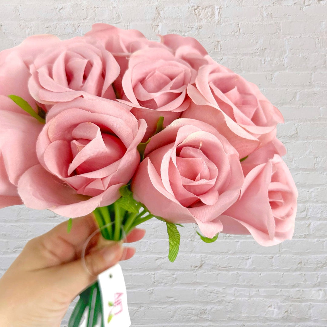 Dusky Pink Artificial Rose Bud Bunch Fake Flowers Wedding Bouquet 18 Stems 30cm