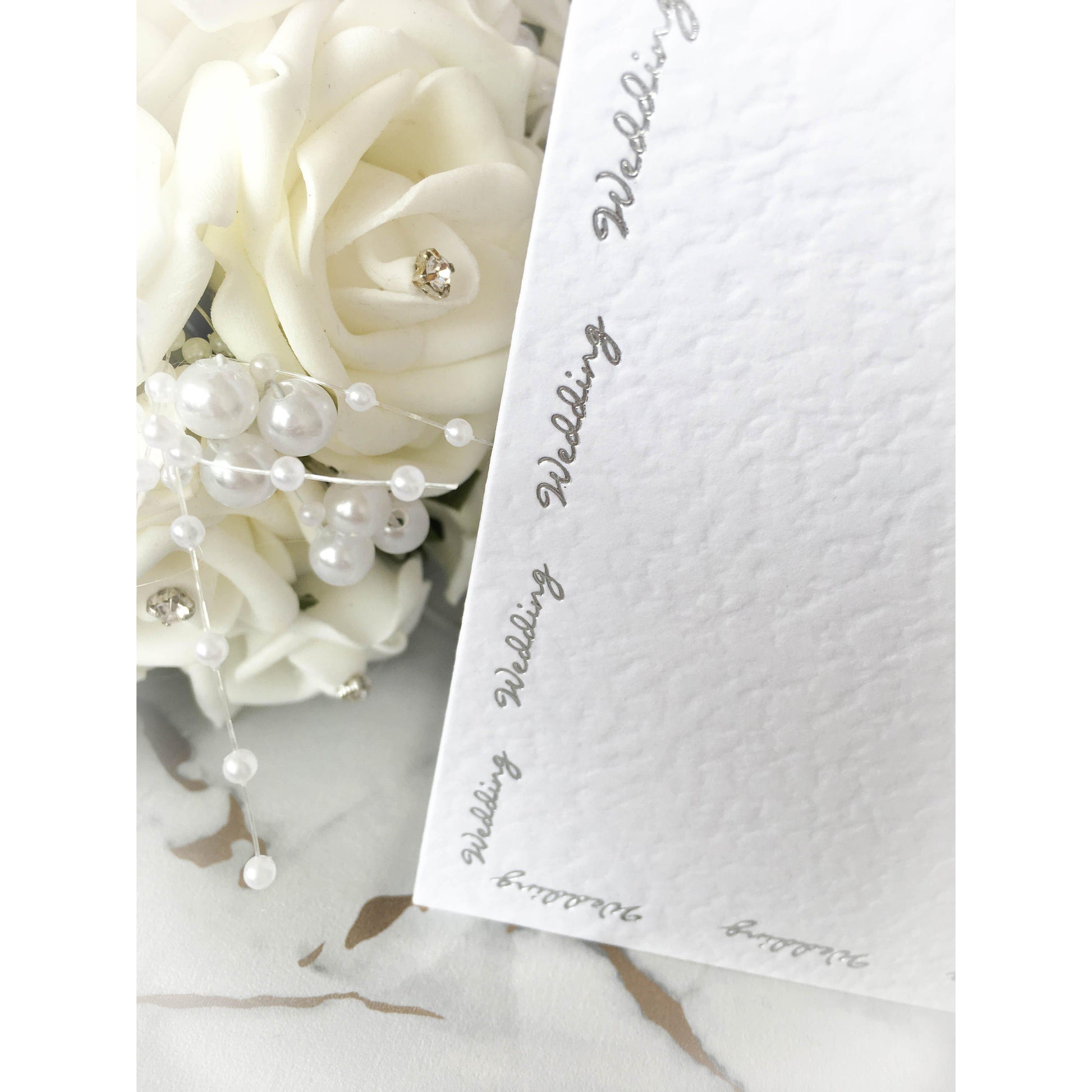Tall DL Card Blanks White Hammer Effect With Silver Foil Wedding Script 10pk - Clearance-The Creative Bride