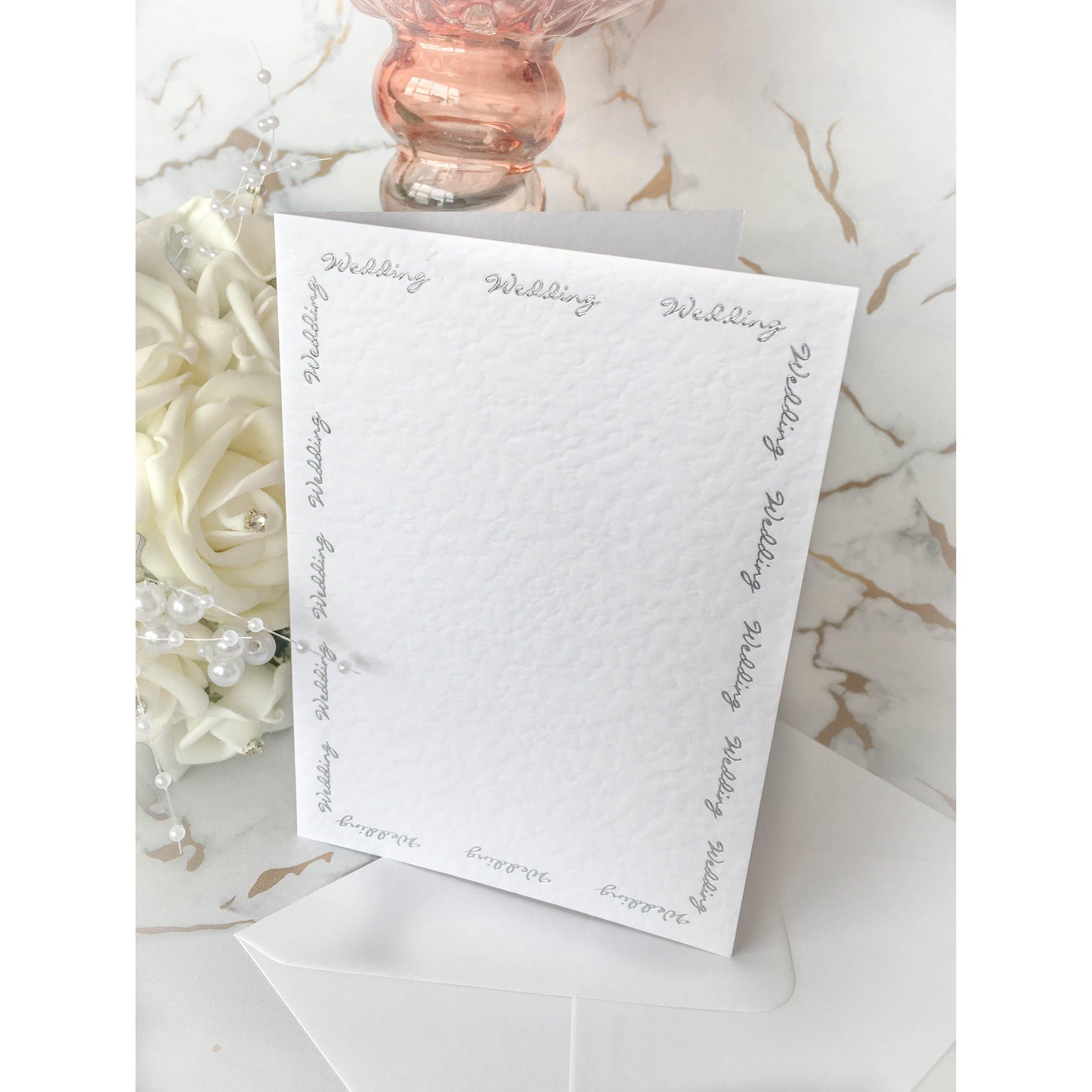 A6 Card Blanks White Hammer Effect With Silver Foil Wedding Script 10pk - Clearance-The Creative Bride