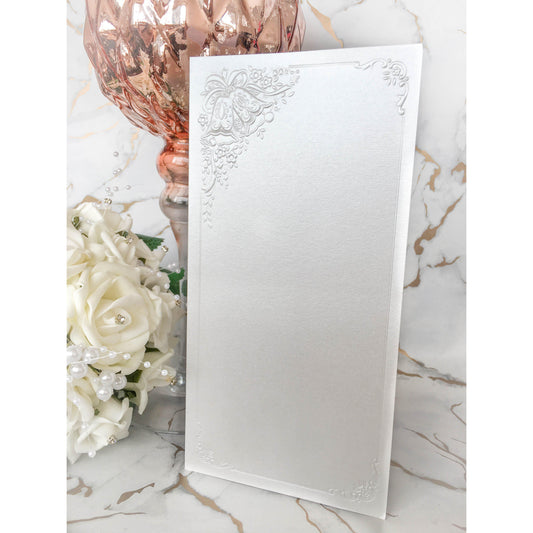 Tall DL Card Blanks White Pearl With Wedding Bells 10pk - Clearance-The Creative Bride