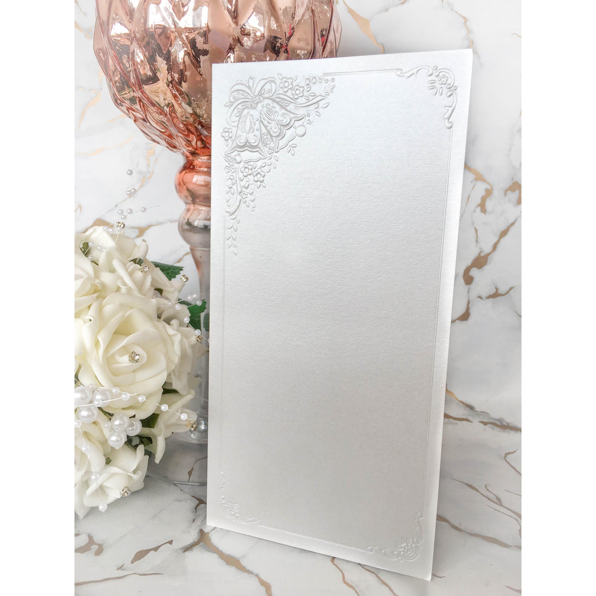 Tall DL Card Blanks White Pearl With Wedding Bells 10pk With Envelopes - Clearance-The Creative Bride