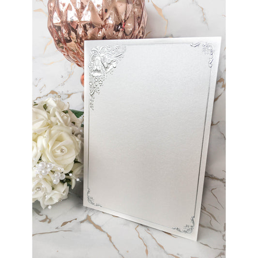 A5 Card Blanks White Pearl With Silver Wedding Bells 10pk Pre-folded - Clearance-The Creative Bride