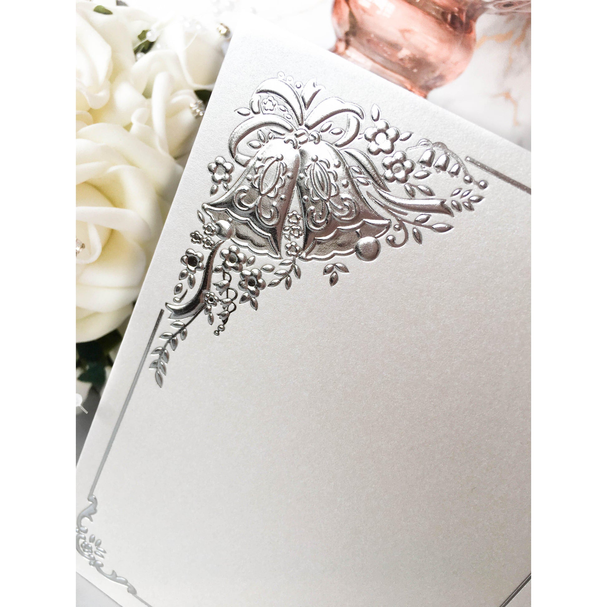 A6 Card Blanks White Pearl With Silver Wedding Bells 10pk - Clearance-The Creative Bride