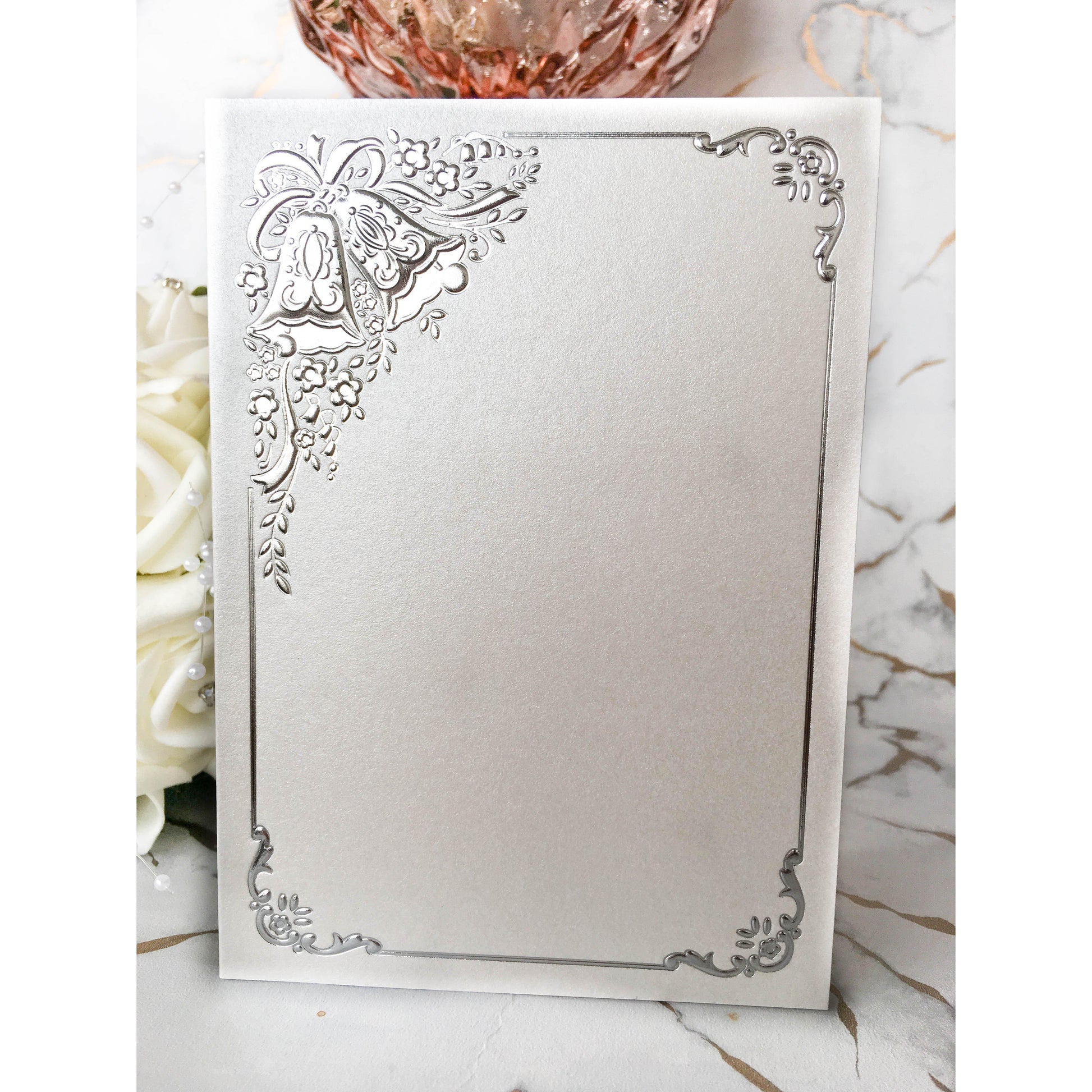 A6 Card Blanks White Pearl With Silver Wedding Bells 10pk With Envelopes - Clearance-The Creative Bride