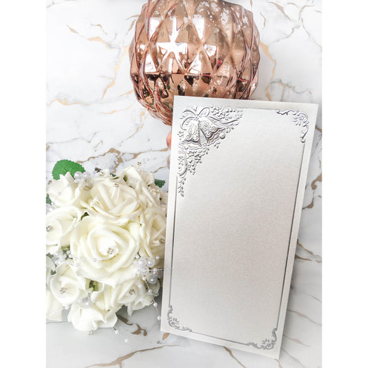 Tall DL Card Blanks White Pearl With Silver Wedding Bells 10pk - Clearance-The Creative Bride