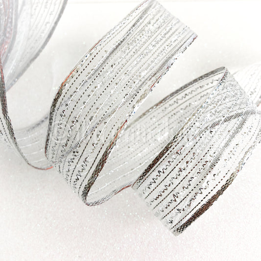 Berisfords Silver Metallic Sparkly Wired Ribbon 1M Cut Piece