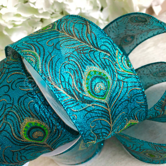 Eleganza 63mm Wide Wired Edge Metallic Peacock Ribbon 1m