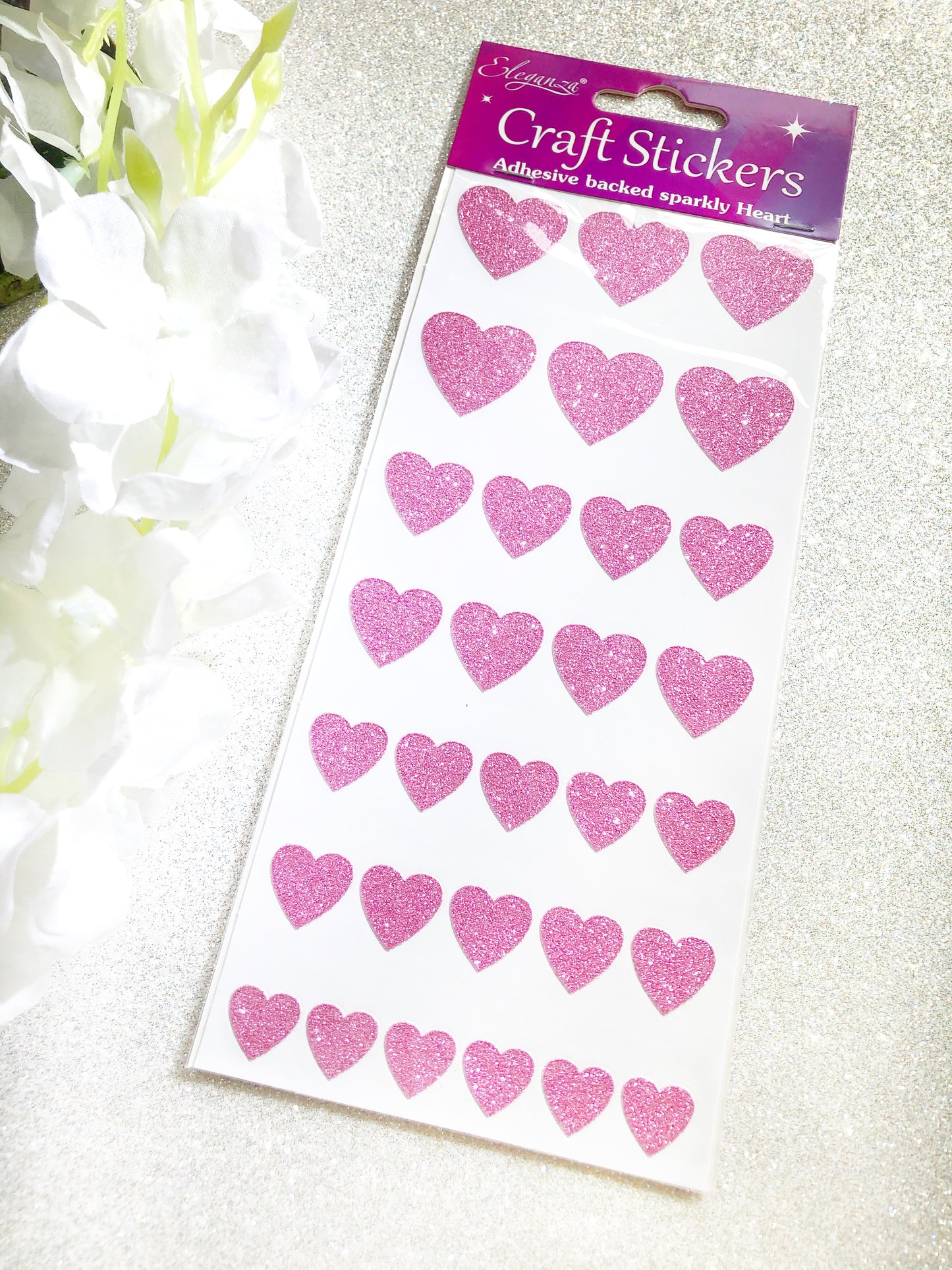 small pink glitter love heart craft stickers for wedding invitations and envelope seals