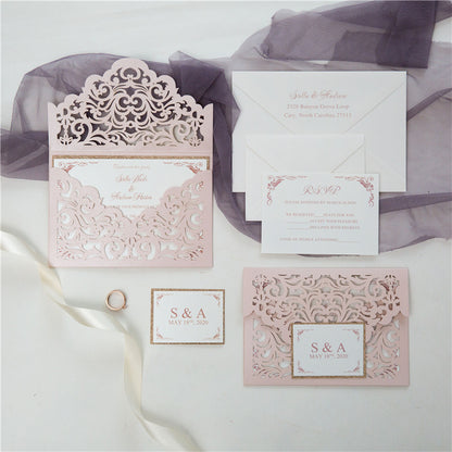 wedding invitation blush pink lace style envelopes with gold glitter and printed inserts