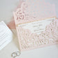 Laser Cut Lace blush pink envelope pocket with inserts wedding invitation made in cheshire